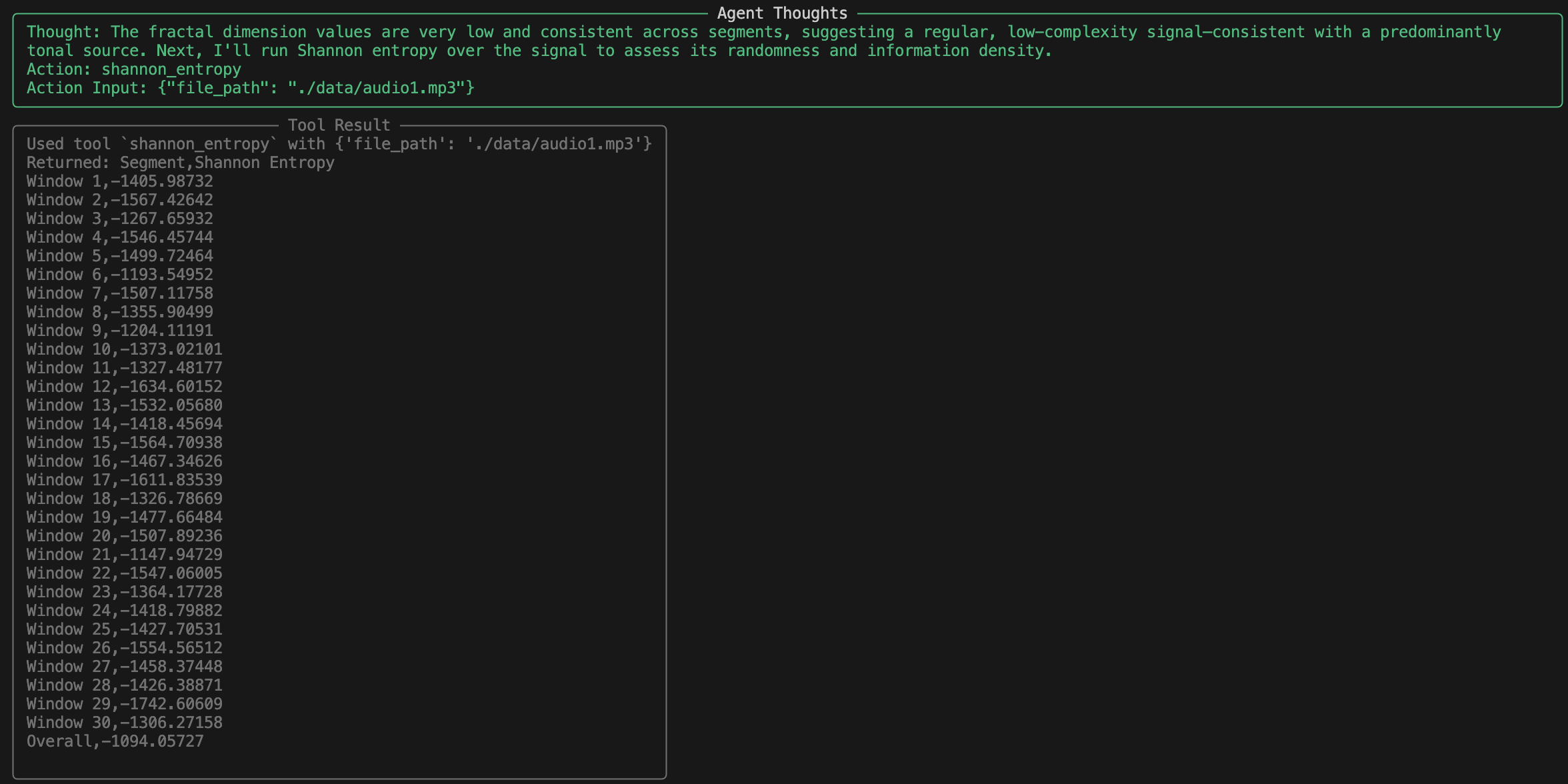 Shannon Entropy Call and Ouput